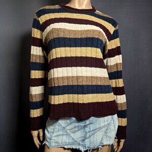 Vintage 90s Striped Sweater Size M Beige Burgundy Teal Grunge Academia